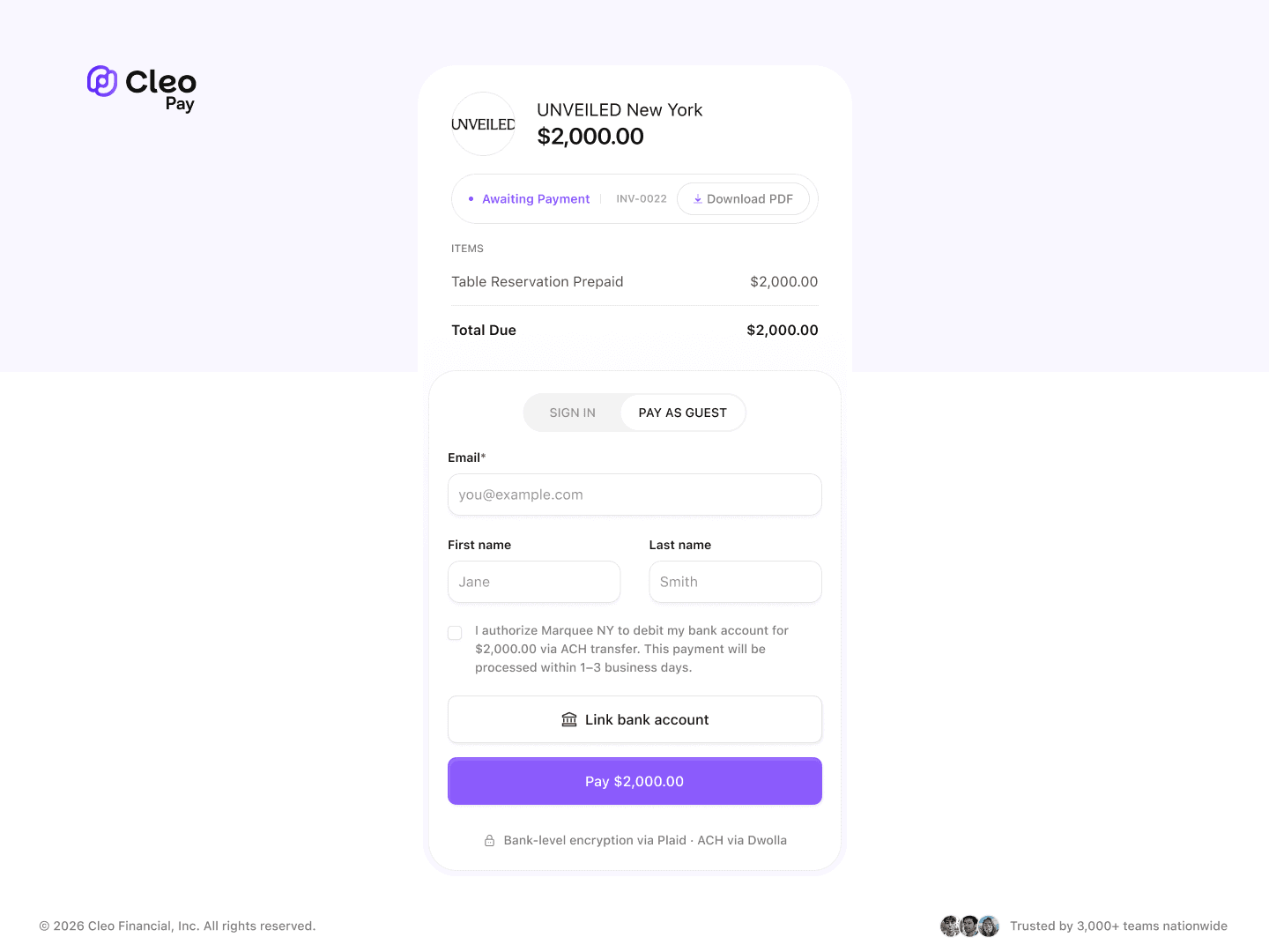 Cleo Pay shareable invoice link page