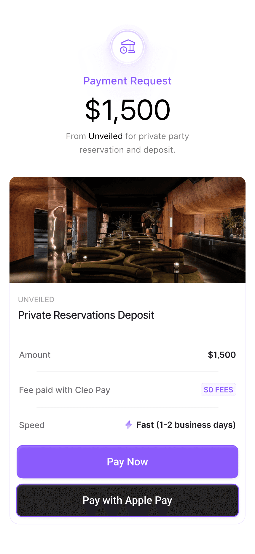 Cleo Pay payment request with Pay Now and zero fees