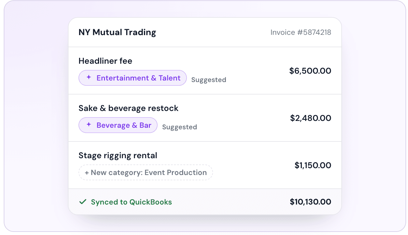A Cleo invoice from NY Mutual Trading with each line item assigned a suggested category, a new Event Production category created inline, and the total synced to QuickBooks