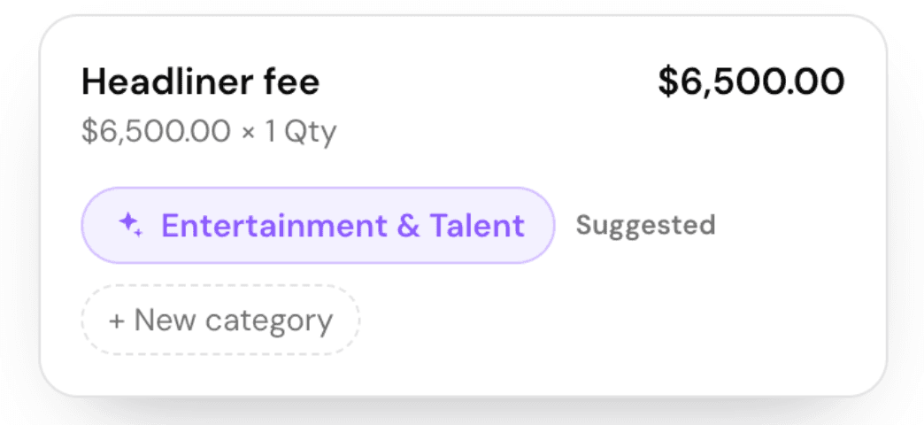 A single invoice line, Headliner fee for $6,500, with a suggested Entertainment & Talent category and a New category option