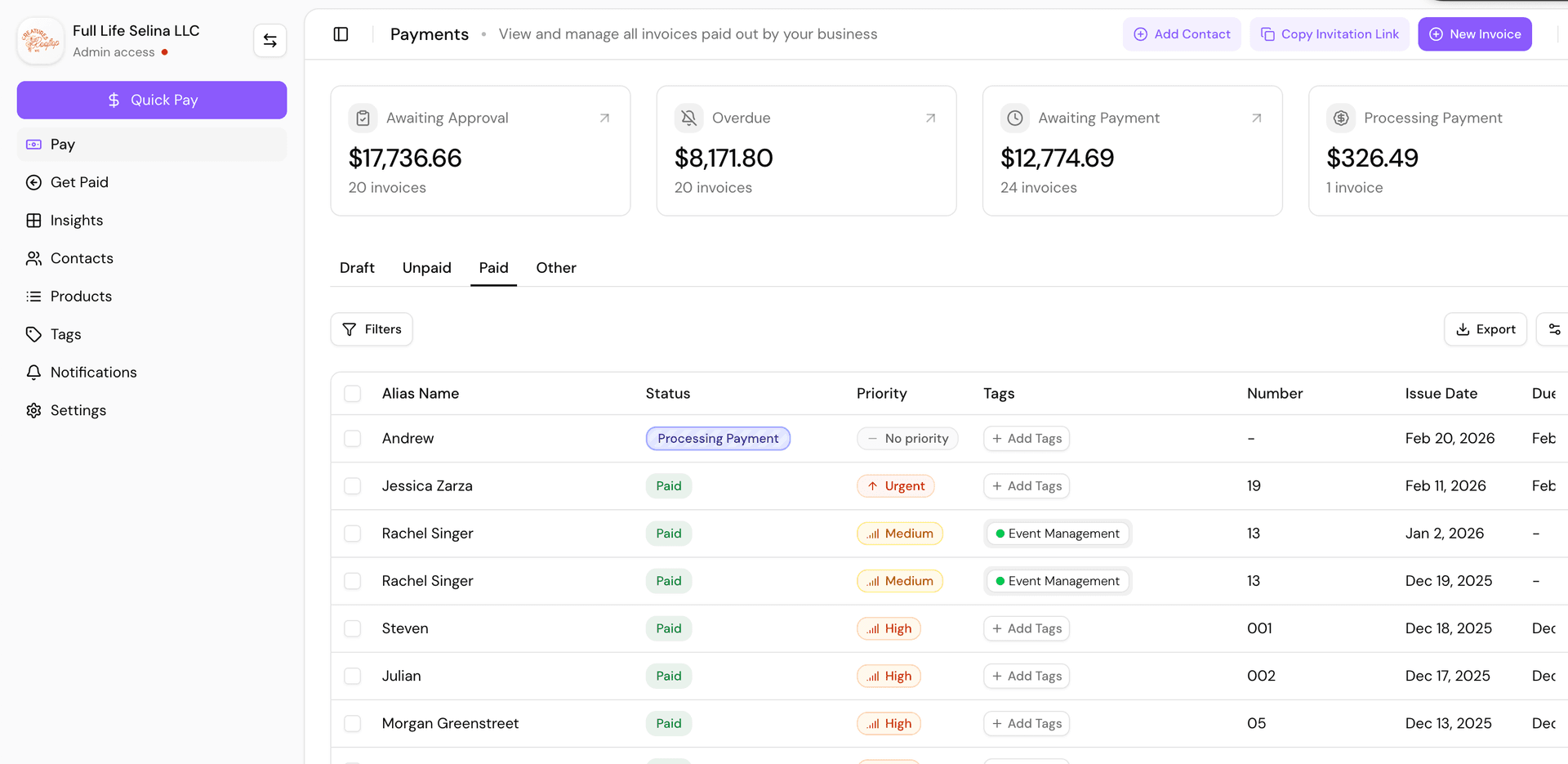 Cleo Pay payments dashboard showing instructor invoices and statuses