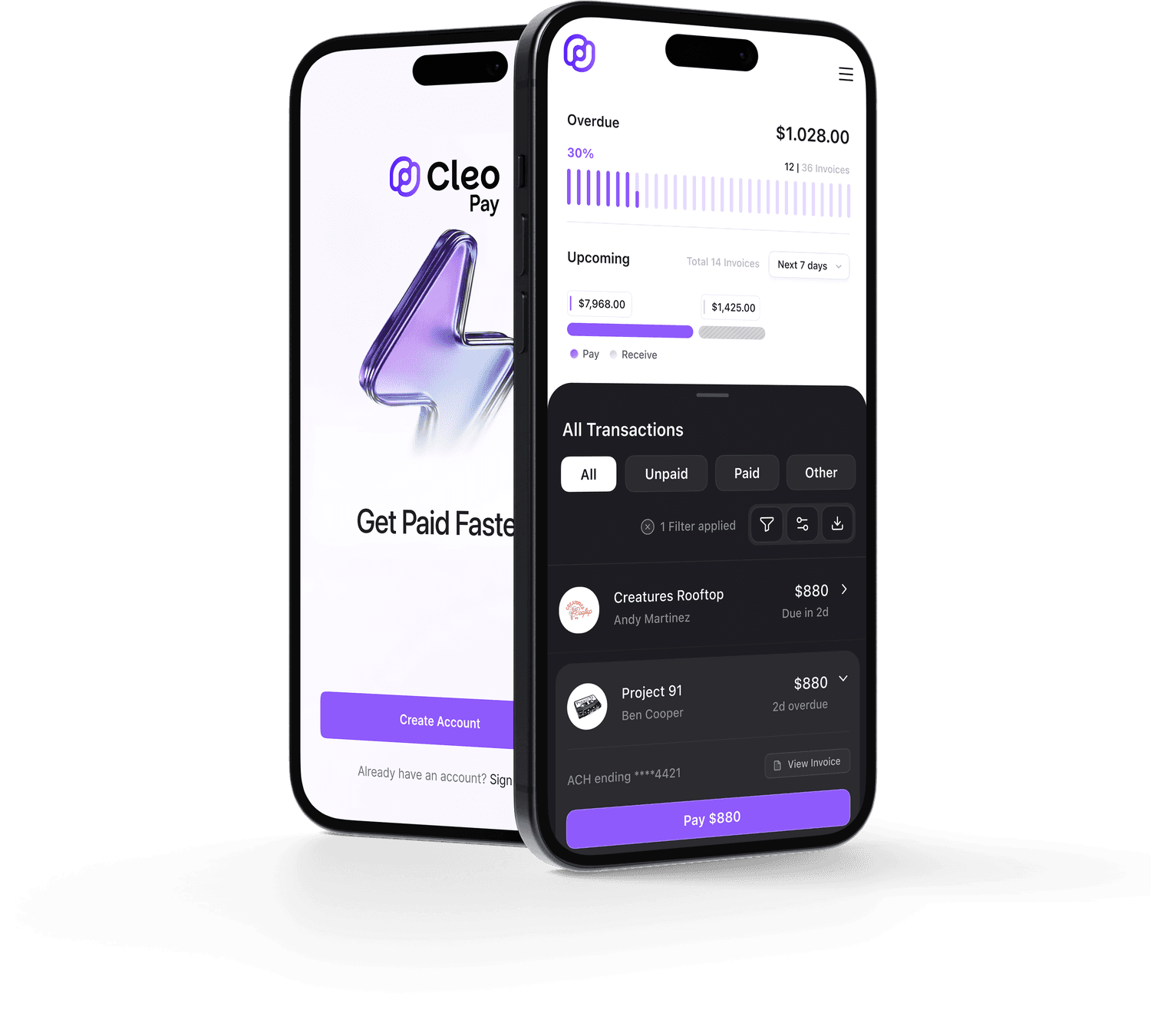 Cleo Pay mobile app showing invoices and payments