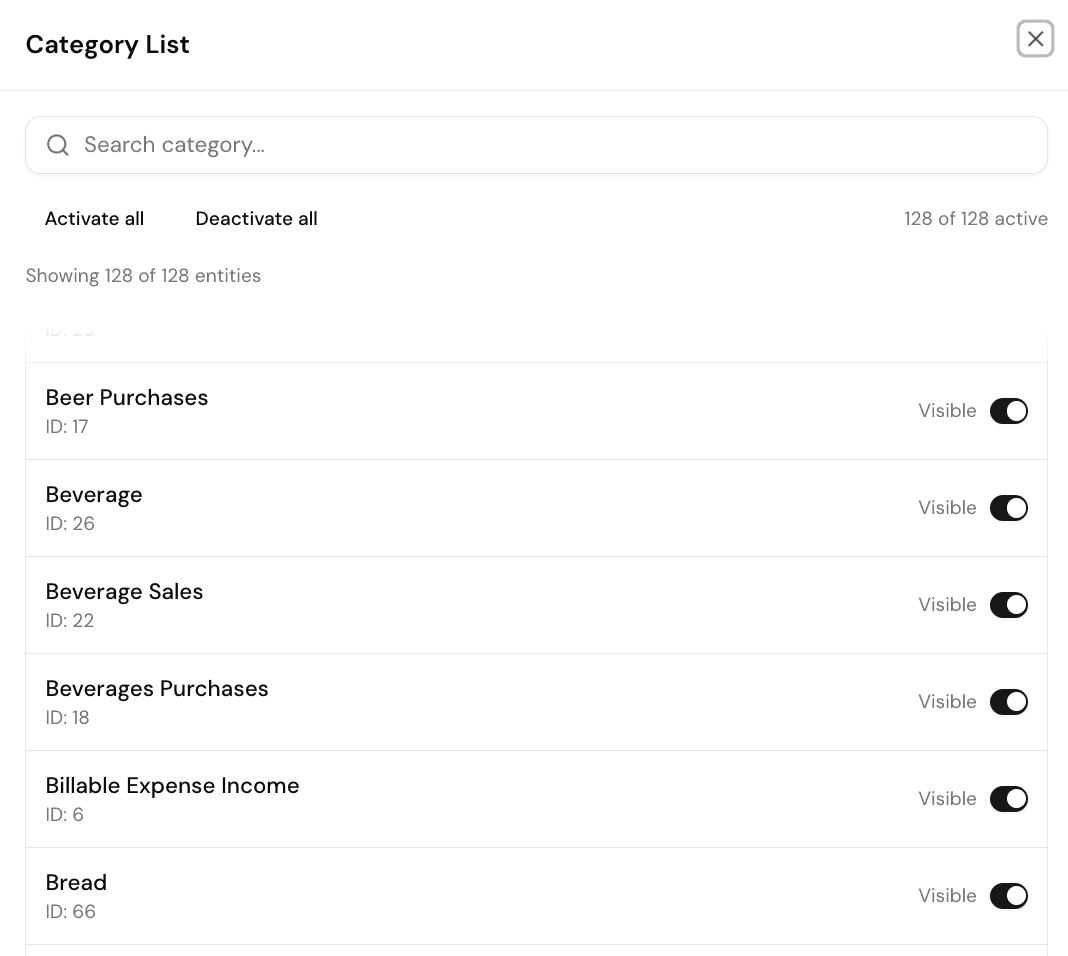 Category list showing synced QuickBooks categories with search, visibility toggles, and active counts