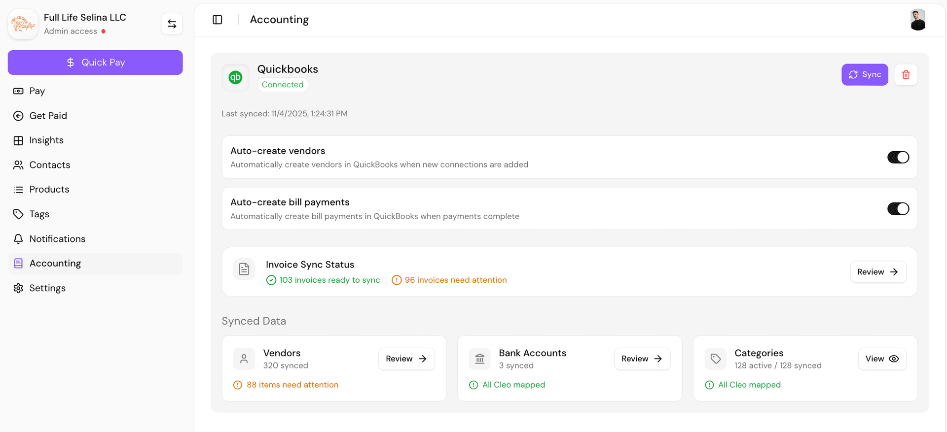 Cleo Pay accounting settings showing a connected QuickBooks account, auto-create vendors and bill payments toggles, and invoice sync status