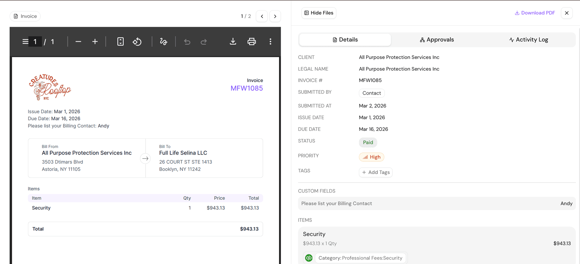 A vendor invoice in Cleo Pay showing details, approvals, and activity log tabs, a paid status, and a QuickBooks expense category applied to the line item