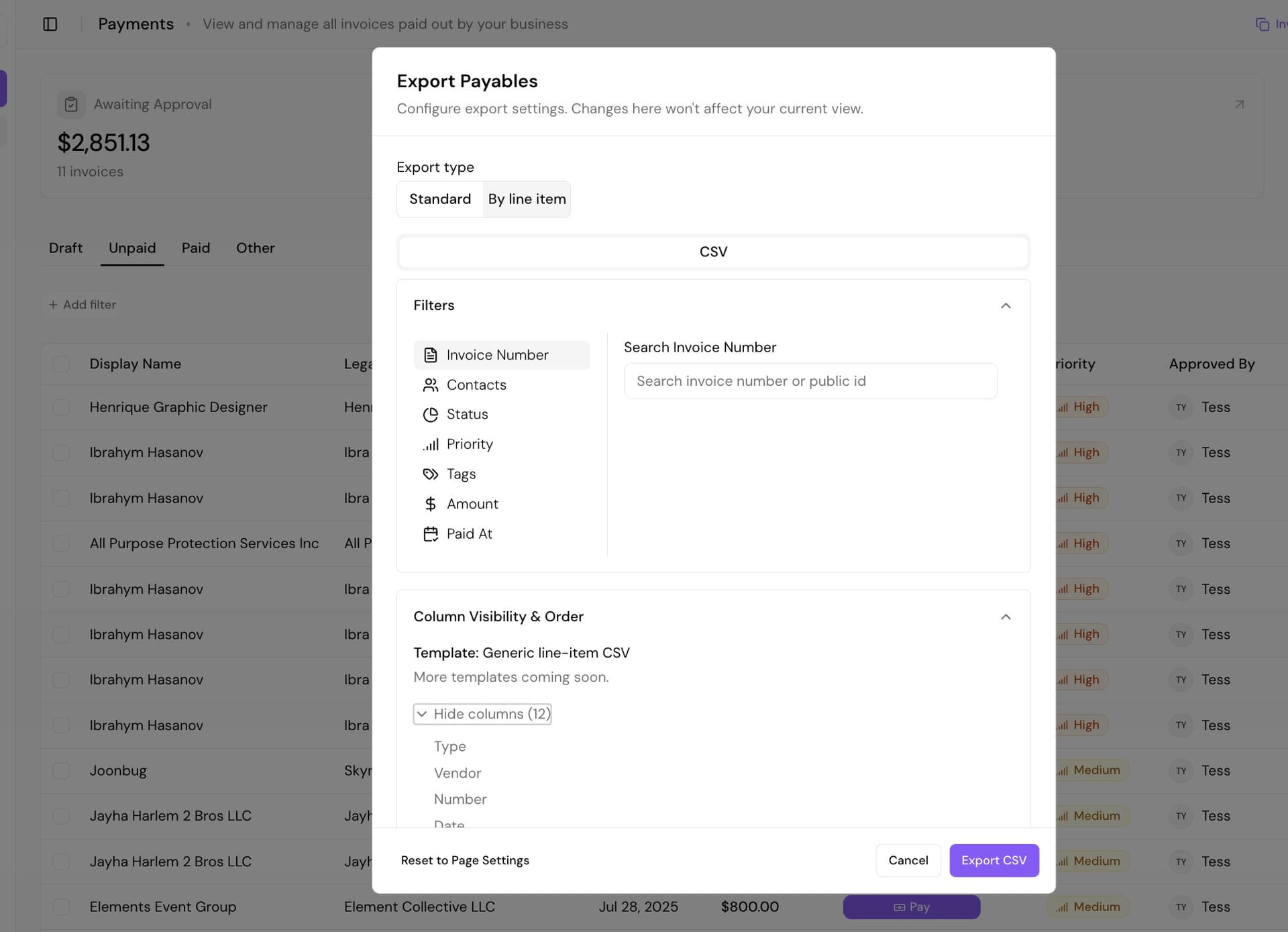 The Export Payables dialog in Cleo Pay: standard or line-item CSV, filters, and column selection