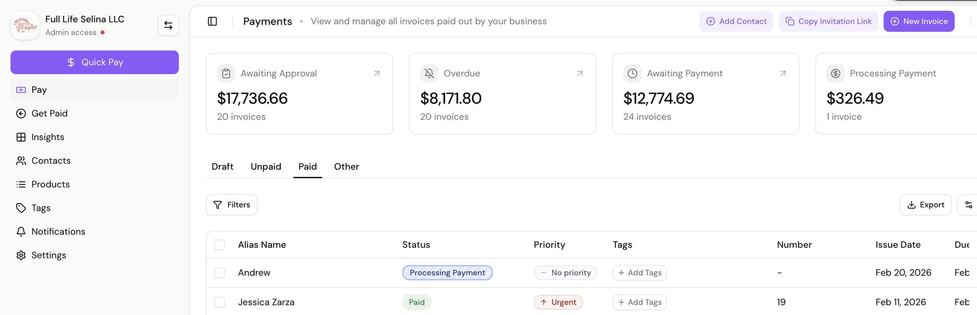 The Cleo Pay payments dashboard on a live account: awaiting approval, overdue, awaiting payment, and the payments list