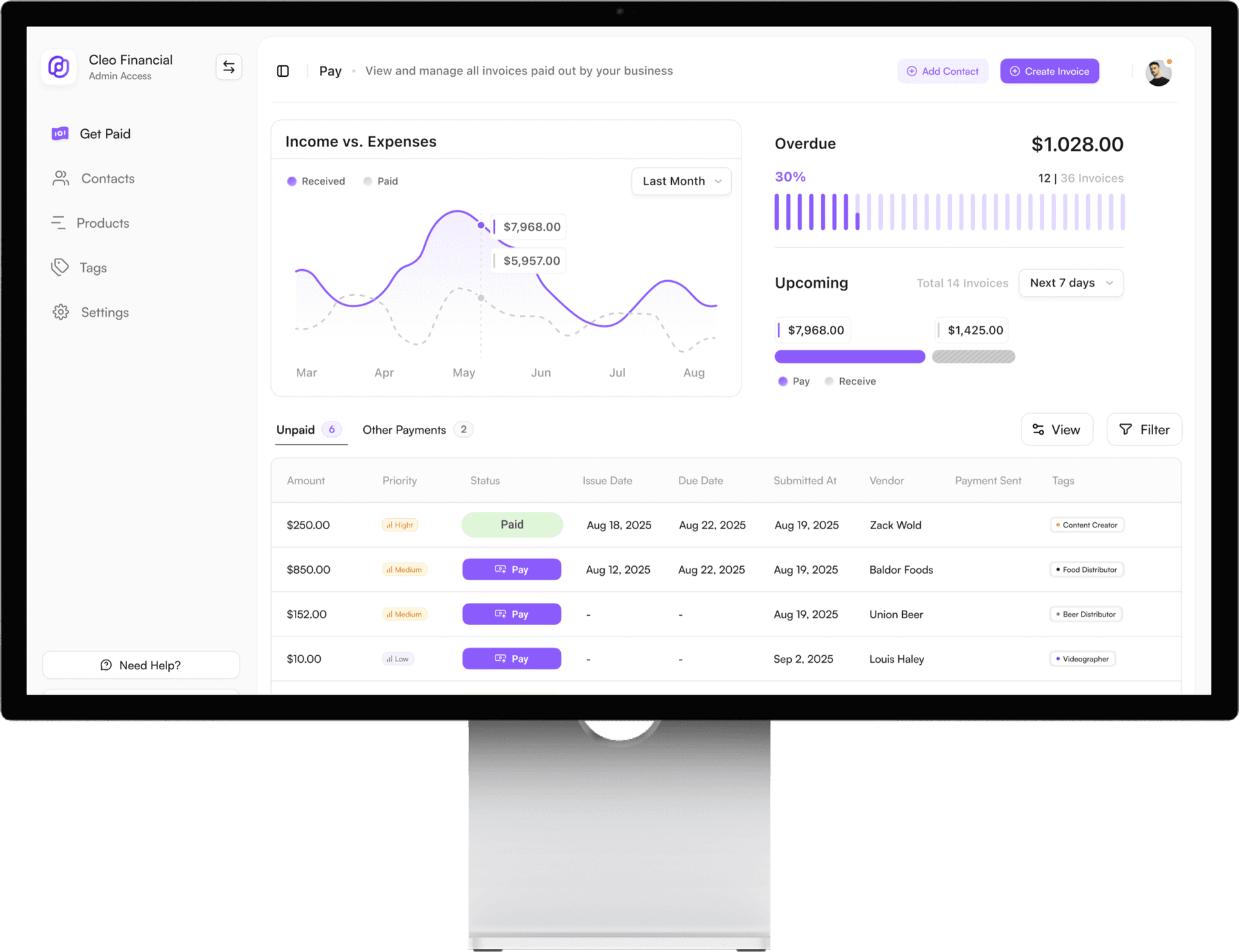 The Cleo Pay dashboard showing income vs. expenses, overdue and upcoming invoices, and one-click Pay buttons on unpaid bills