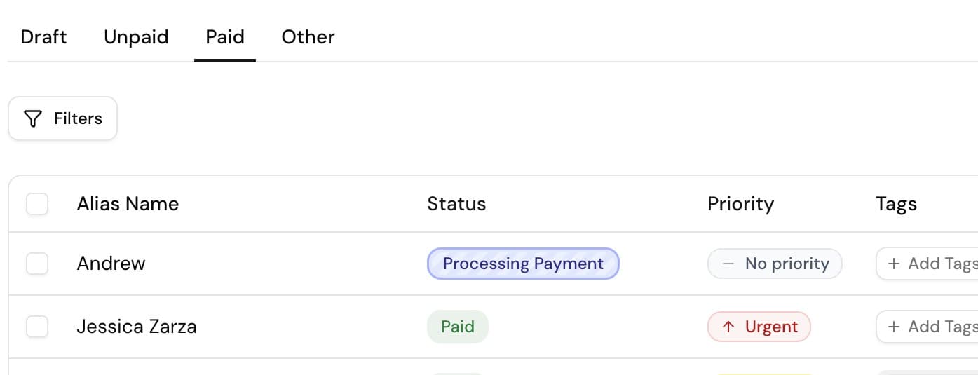 Every payment carries its status and priority: processing, paid, urgent, high.