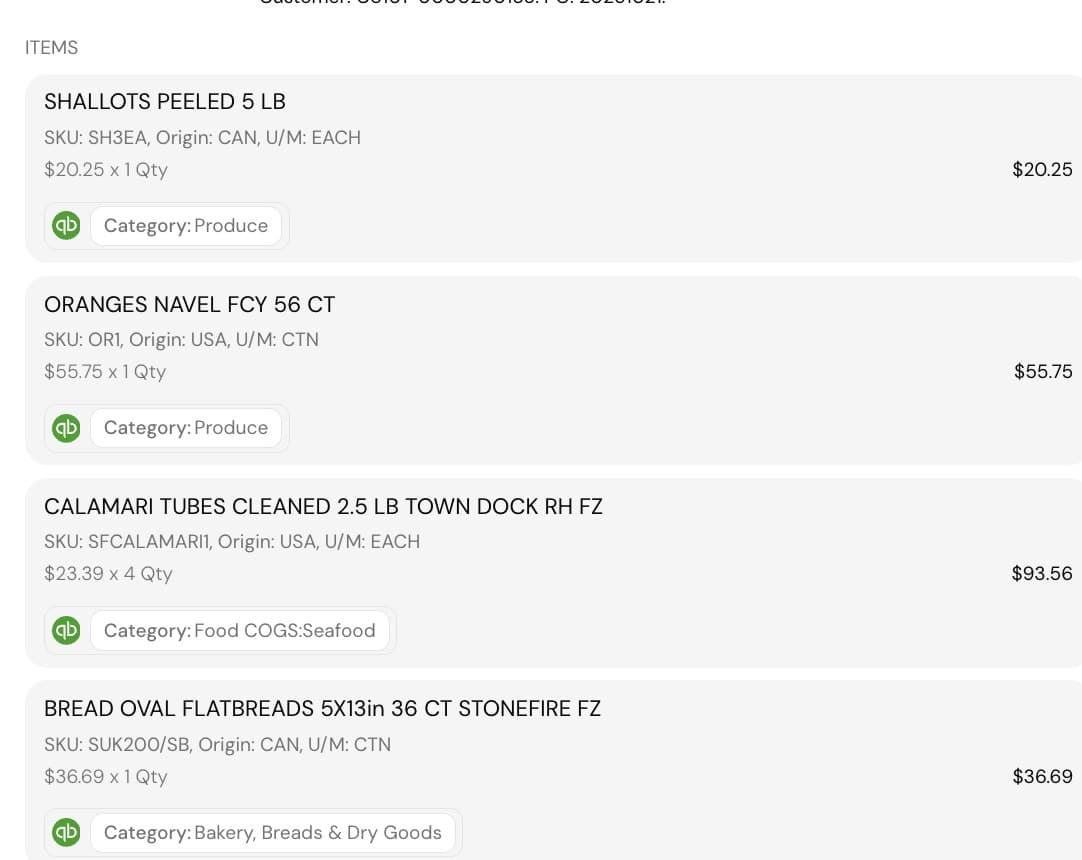 Line items from a scanned Baldor invoice, each coded to a QuickBooks category