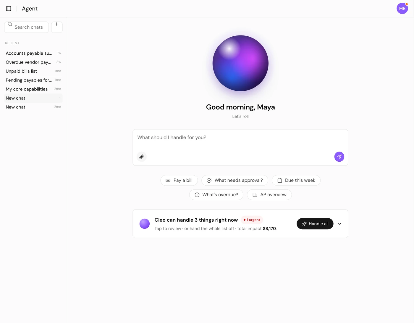 Cleo Agent chat screen with suggested questions and the tasks it can handle for a sample business