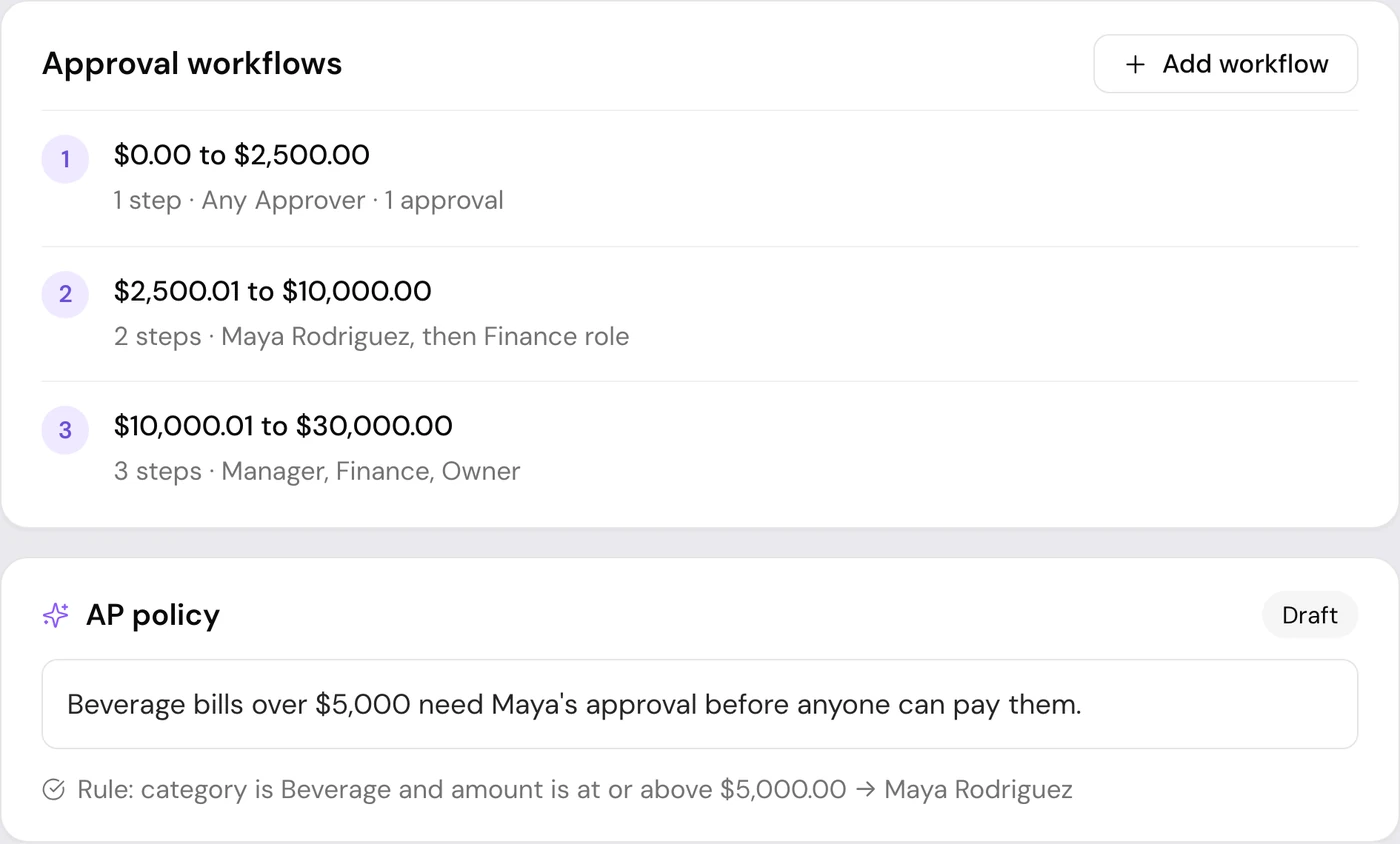 Approval workflows in Cleo Pay with steps for each amount range