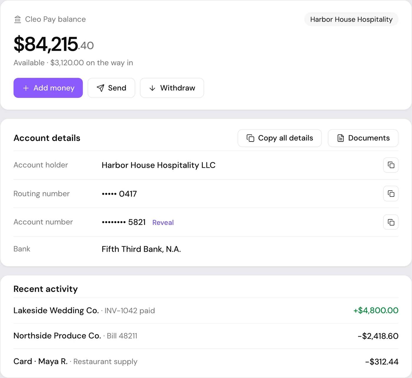 Cleo Pay balance screen showing the available balance, account details and recent activity for a sample business