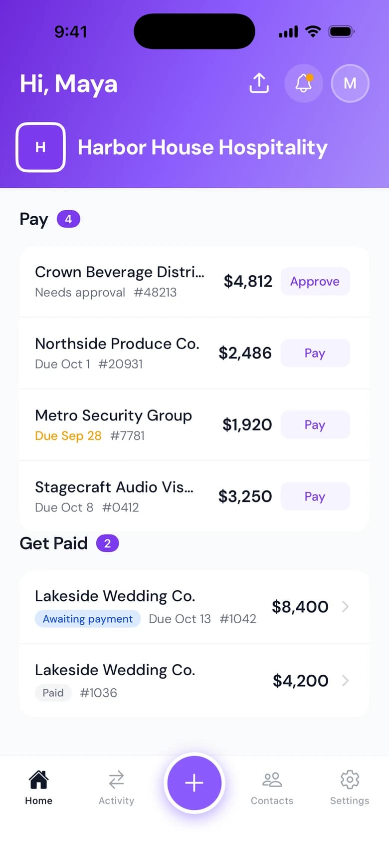 Cleo Pay iPhone app home screen with bills to pay and invoices to collect for a sample business