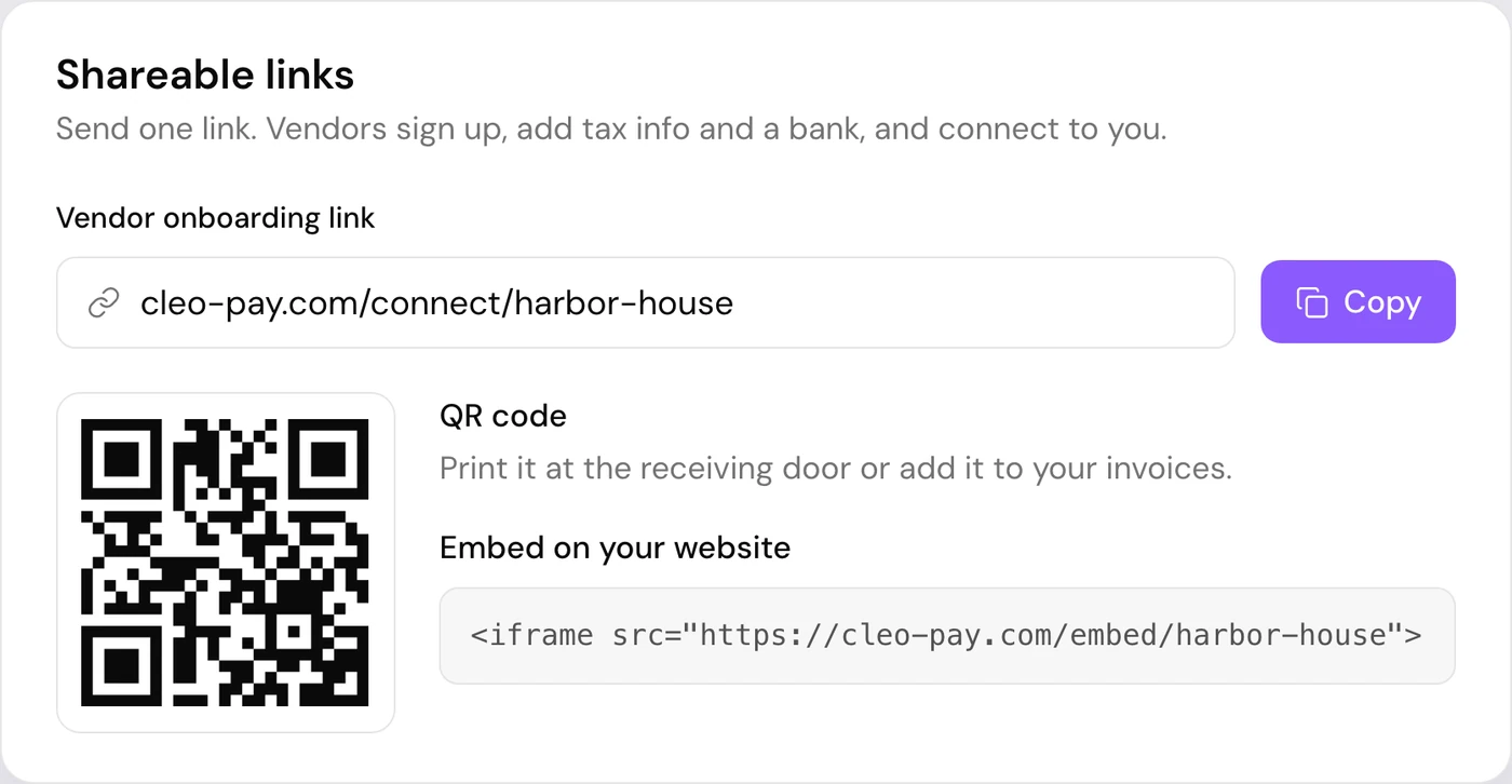 Shareable links panel in Cleo Pay showing a vendor onboarding link, its QR code and a website embed snippet