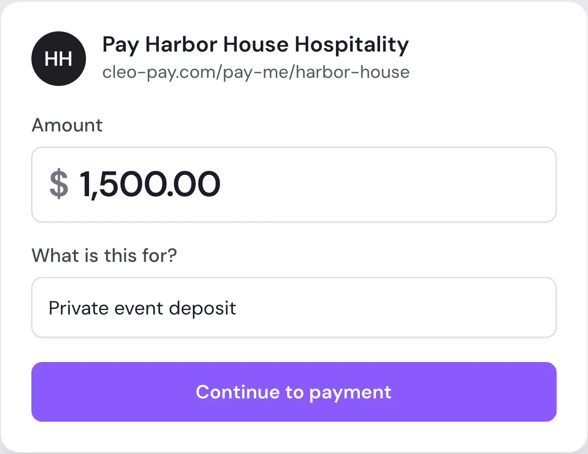 Pay Me page where a payer enters an amount and what the payment is for, for a sample business