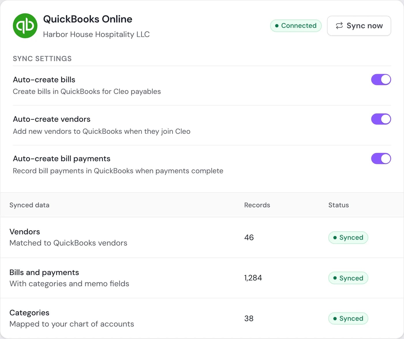 QuickBooks Online connection settings in Cleo Pay
