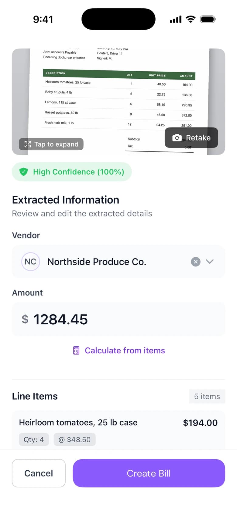 A scanned invoice with extracted vendor, amount and line items in the Cleo Pay iPhone app