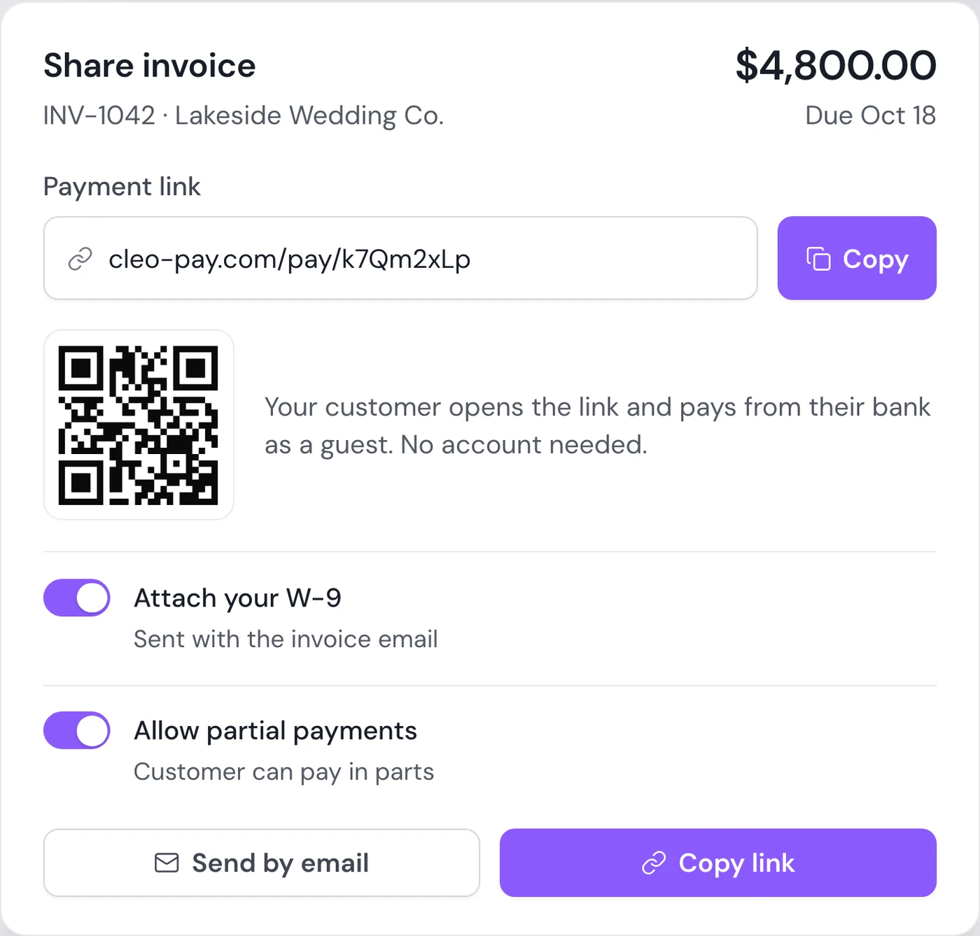 Share invoice dialog in Cleo Pay with a payment link and QR code