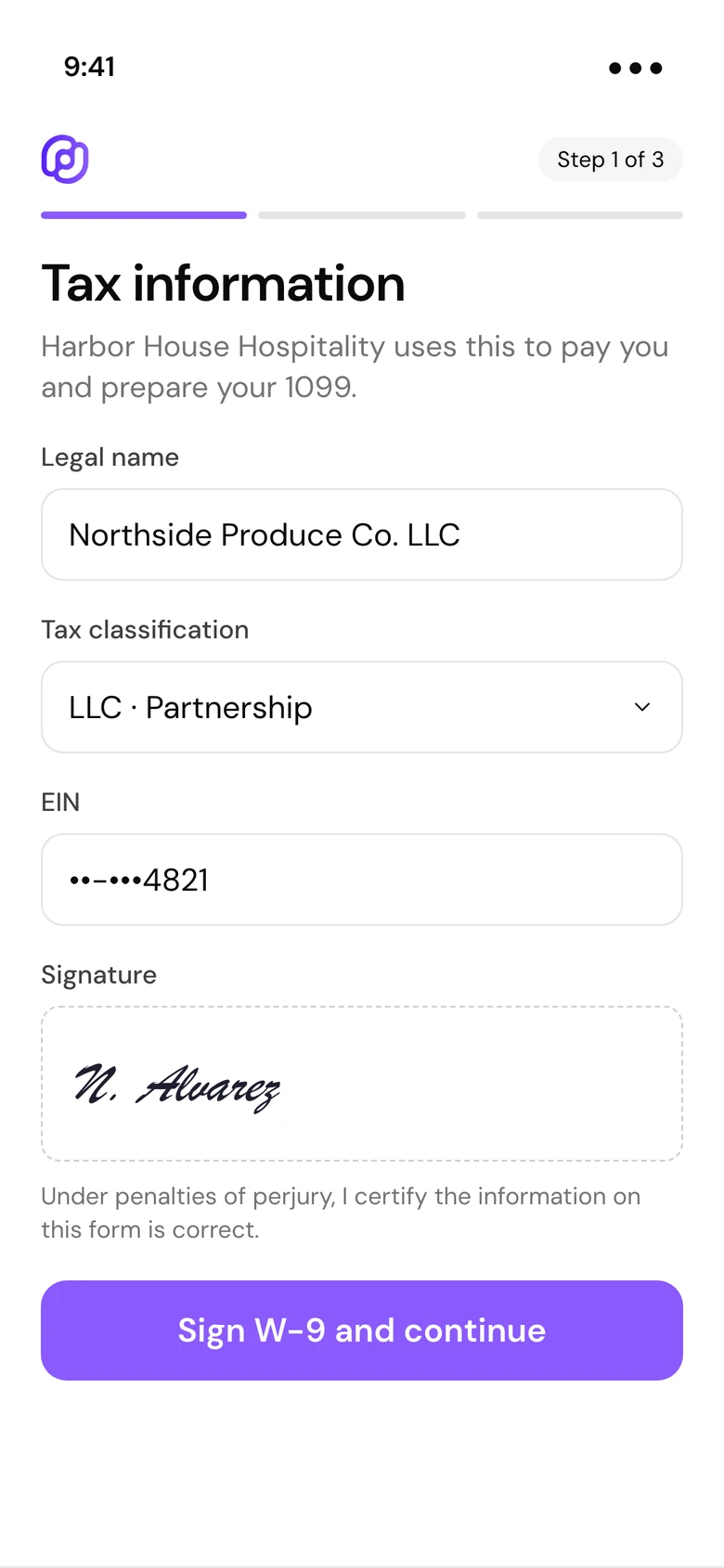 A vendor signing their W-9 on a phone during Cleo Pay onboarding
