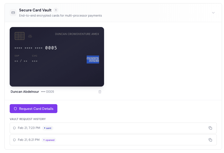 Cleo Pay Vault showing a masked card ending 0005, a request card details button, and a timestamped vault request history