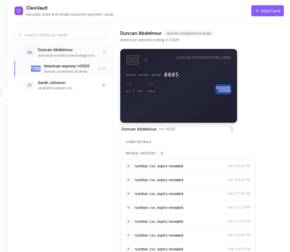 Cleo Travel Vault dashboard showing encrypted client card storage and traveler profiles