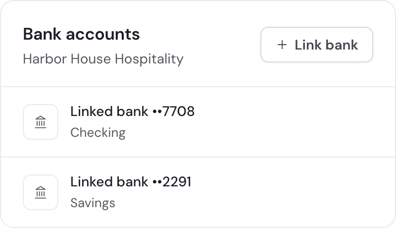 Bank accounts settings for Harbor House Hospitality with two linked banks and a Link bank button