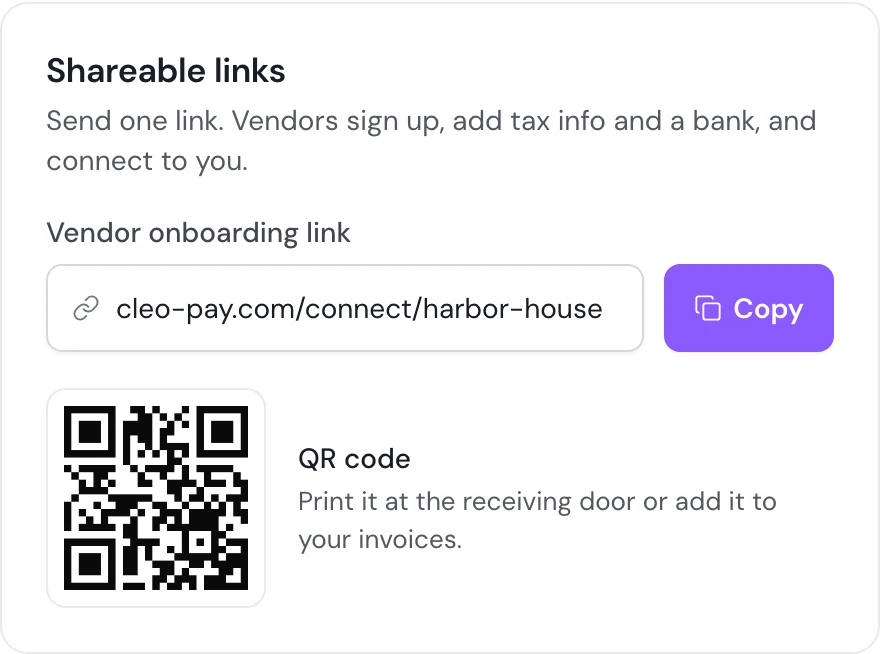 Shareable links panel with the vendor onboarding link cleo-pay.com/connect/harbor-house, a Copy button and a QR code