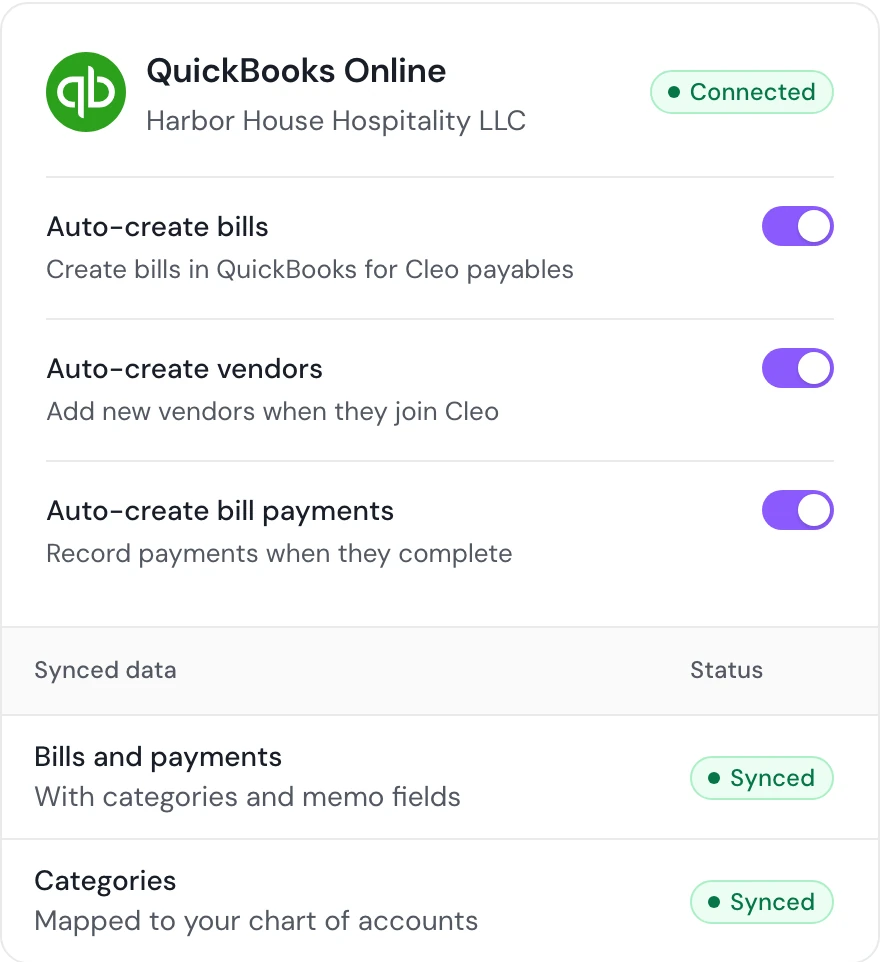 QuickBooks Online connected for Harbor House Hospitality LLC with auto-create bills, vendors and bill payments turned on