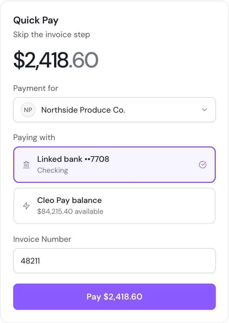 Quick Pay paying Northside Produce Co. $2,418.60 from a linked bank, with the Cleo Pay balance as the other option
