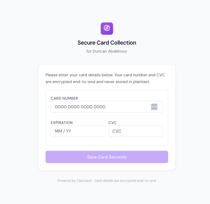 Secure card collection form clients receive via email or text
