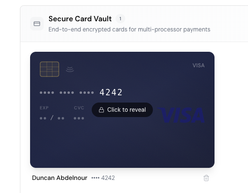 Agent vault view showing encrypted card with click to reveal option
